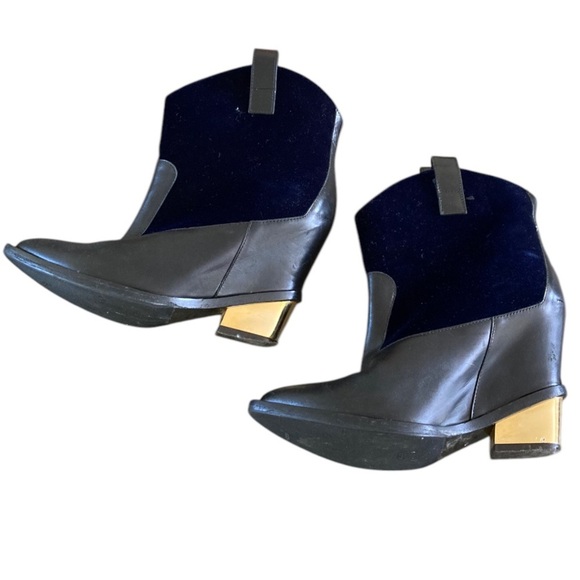 Giuseppe Zanotti Western Black Leather x Gold Blue Velour Leather Ankle Boots - Picture 13 of 14